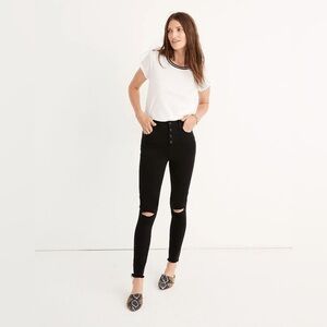 Madewell 10” High Rise Button Fly Jeggings Blown Out Knees 31P Black